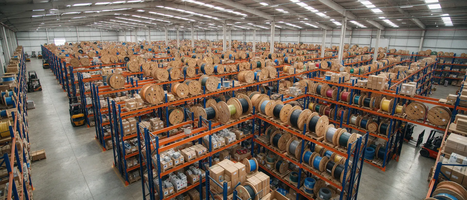 Estoque de bobinas de cabos e materiais elétricos